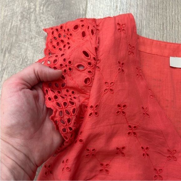 LOFT Coral Eyelet Flutter Sleeve Button Front Dress Sz 4 - Picture 6 of 12